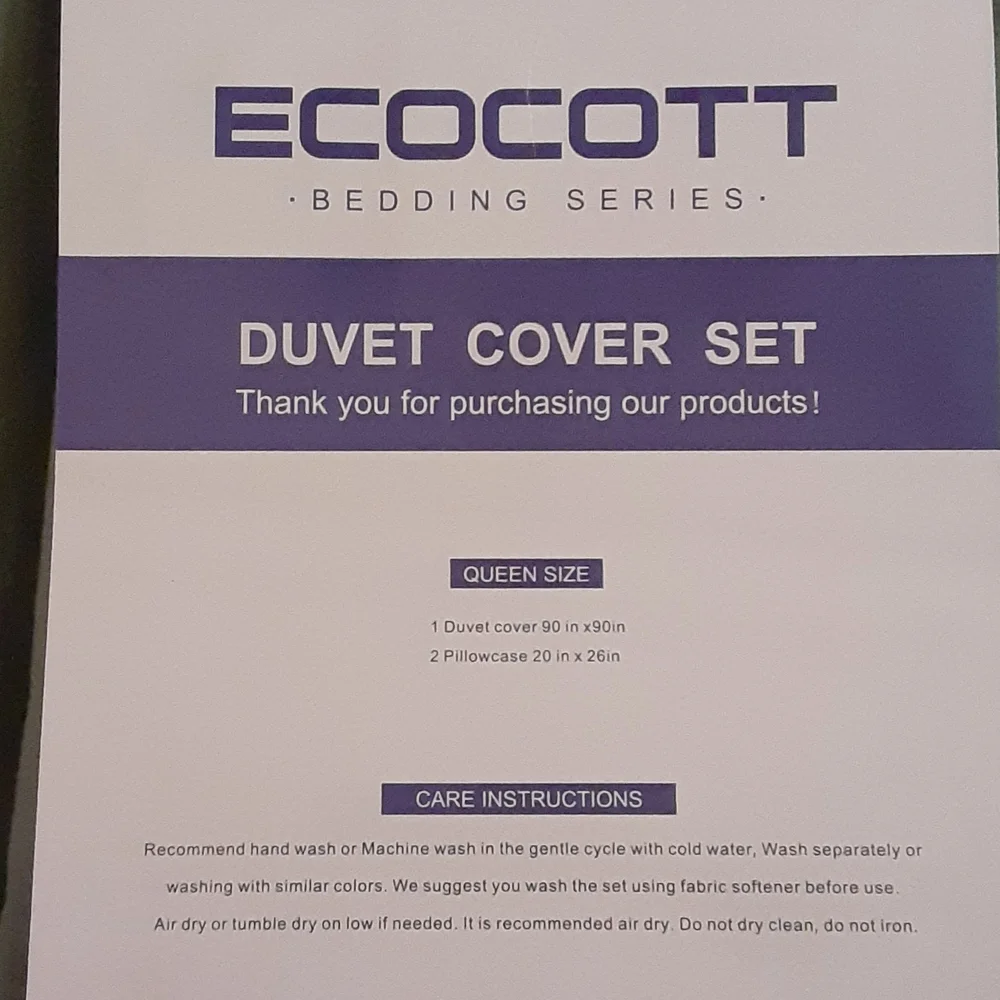 Ecocott 3 pc Duvet cover set Queen Avocado green 100% cotton NEW in totebag…